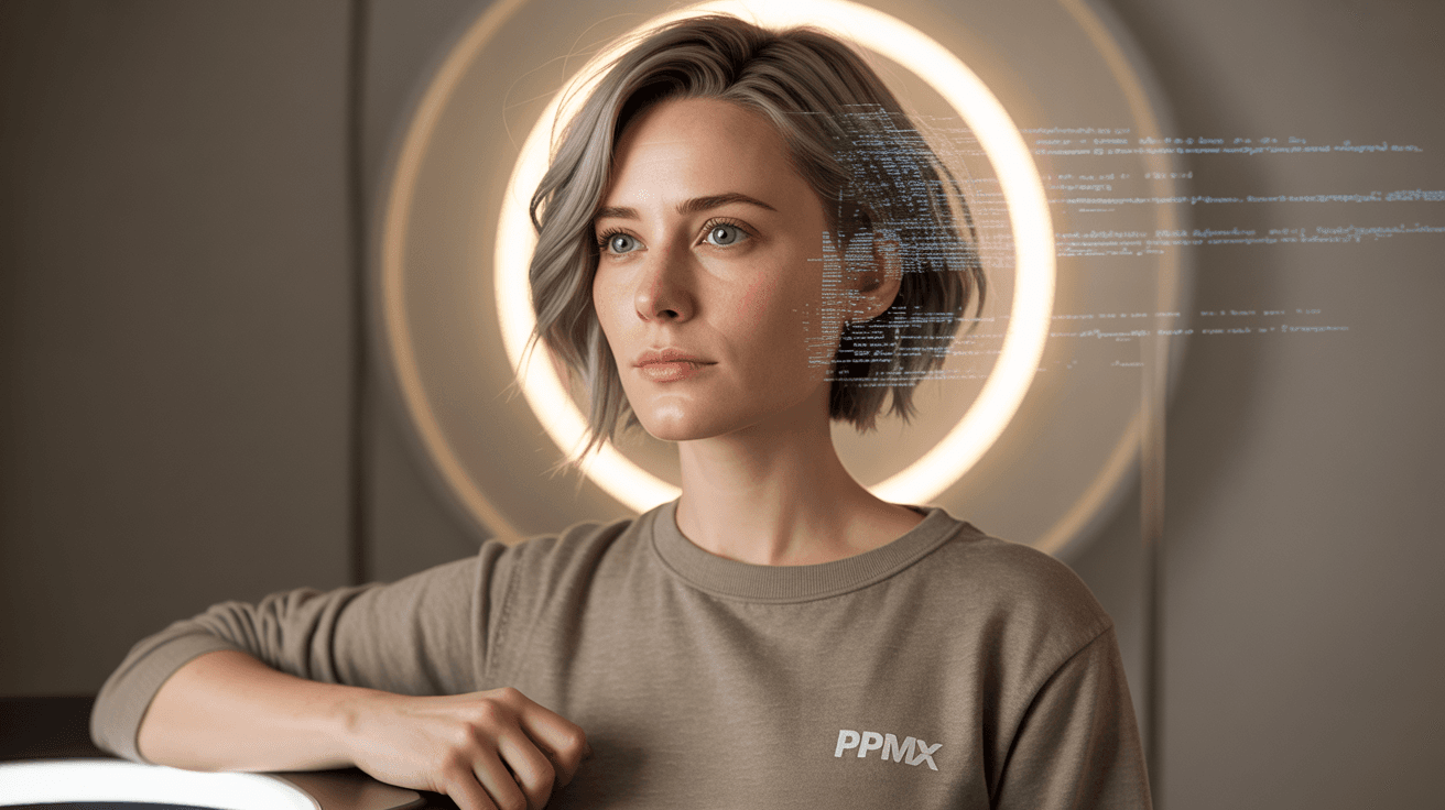 Woman with short purple hair and digital code overlay against a glowing circular light.