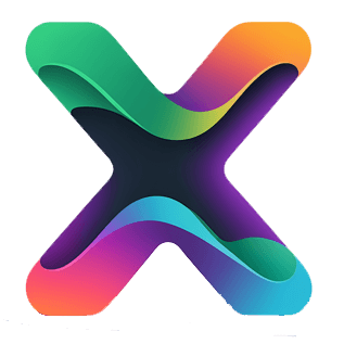 Stylized 3D letter X featuring vibrant, overlapping ribbons with fluid green, purple, and orange gradients.